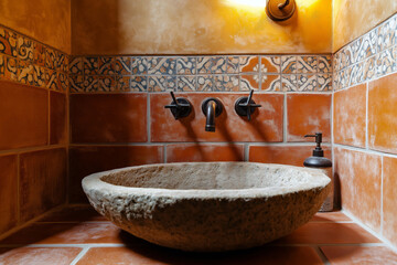 Mediterranean-style bathroom with handcrafted terracotta tiles, a rustic stone sink, warm lighting, and vintage bronze fixtures.