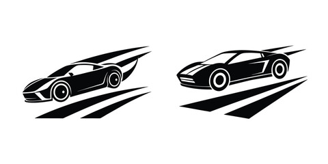 Dynamic Sports Car Angled View Soaring Past the Finish Silhouette on White Background