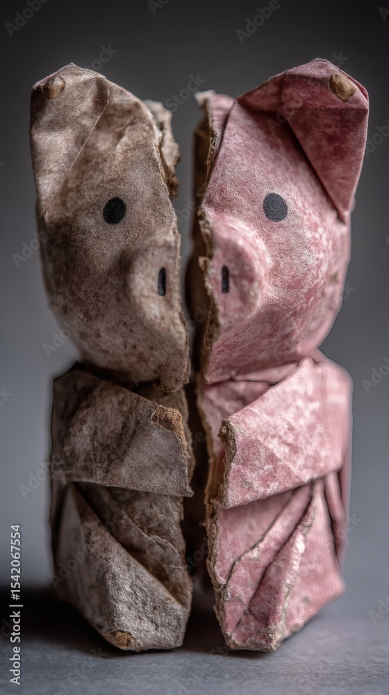 Poster origami piggy bank half torn apart representing self-sabotaging budget behavior conceptual image sid