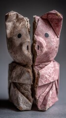 origami piggy bank half torn apart representing self-sabotaging budget behavior conceptual image side copy space