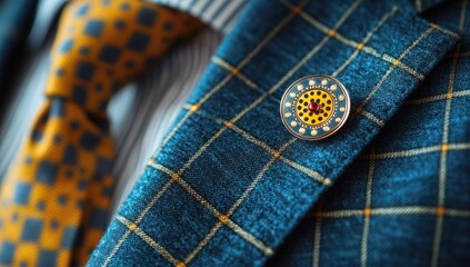 Close-up of a decorative lapel pin on a blue plaid suit jacket, with a patterned tie and striped shirt visible