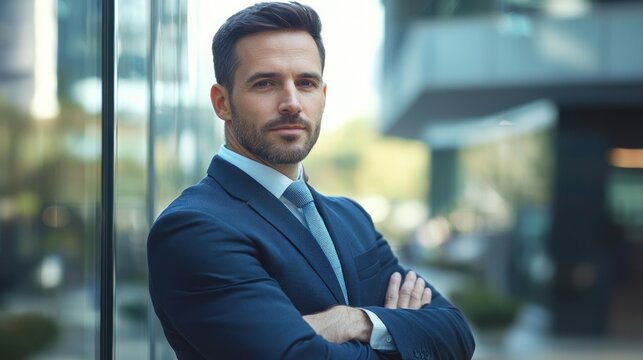 A confident businessman standing in front of a modern office building. - Powered by Adobe