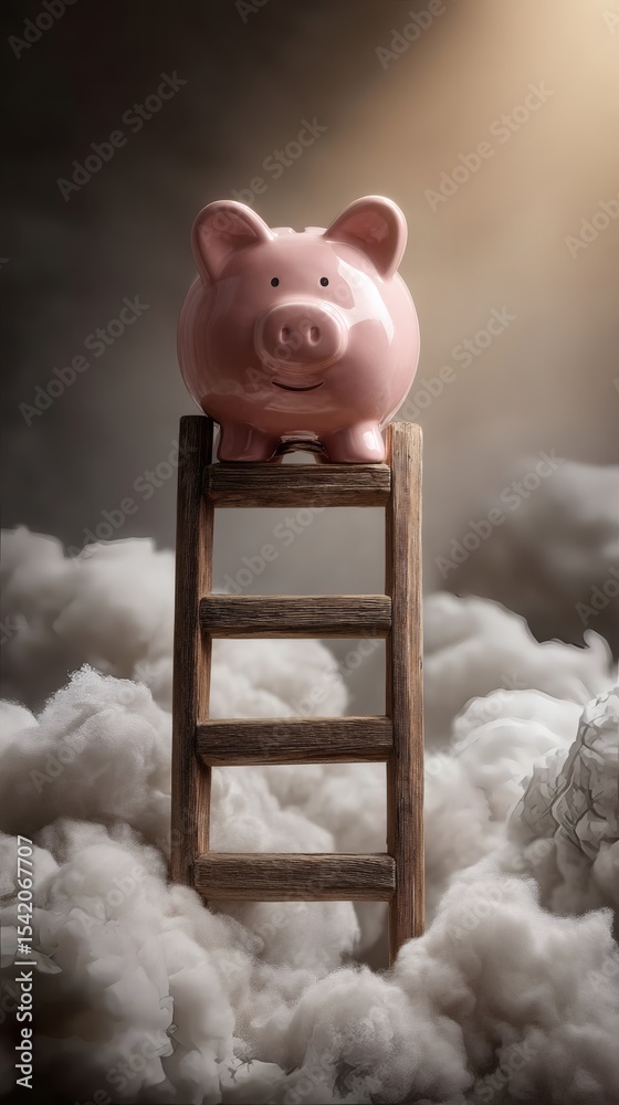 Aufkleber ladder reaching toward a floating coin bank in the sky metaphor for financial aspiration minimal visual composition side copy space