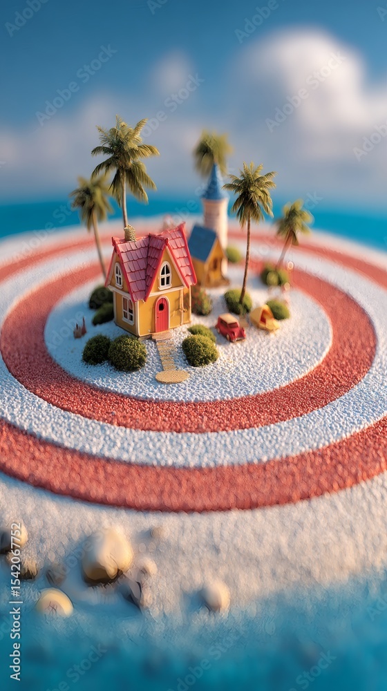 Poster target board with dart hitting images of vacation car and house representing focused saving goals cl