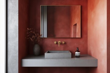 Minimalist bathroom design with smooth terracotta walls, a frameless mirror, a concrete sink, and modern brass fixtures.
