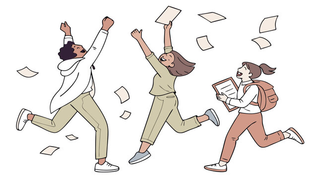 Three people joyfully running and celebrating with papers flying around them in a happy atmosphere