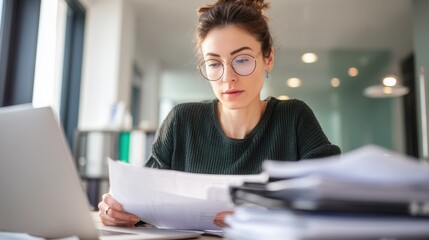 Fototapeta premium Professional caucasian young female analyzing documents in modern office setting.