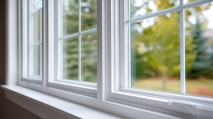 Obraz premium Close-up of white window frames overlooking lush green trees on a sunny day.