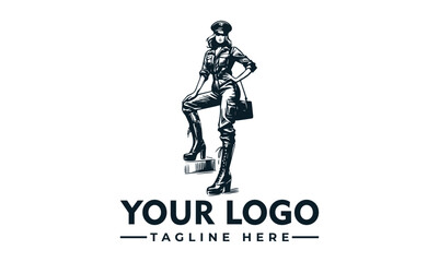 Illustration of a woman in uniform and boots, striking a pose with a bag.