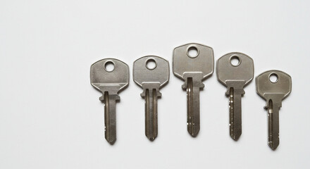 Five Metallic Keys Key Isolated on White Background - A Collection of Different Sized Keys, Perfect for Security or Access Concepts; Key Images, Key Stock Photos
