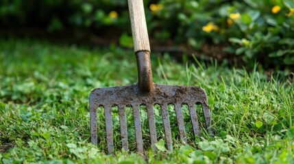 A rusty garden rake lying in a grassy area with a wooden handle.