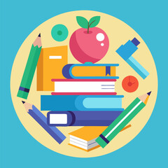 Stack of Textbooks Surrounded by Colorful School Supplies, Highlighting Education, Academic Study, and Back-to-School Preparations.