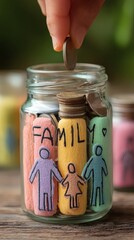 hand placing coin into jar while thought bubble above shows family and home soft pastel palette symbolic layout side copy space