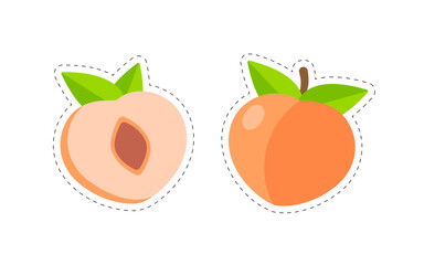 Set of peaches stickers with contour isolated on white background.