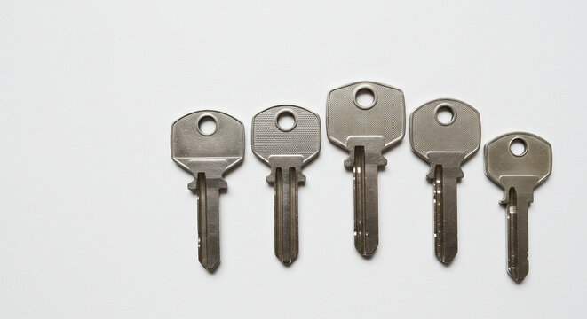 Five Metallic Keys Key Isolated on White Background -  A Collection of Different Sized Keys, Perfect for Security or Access Concepts; Key Images, Key Stock Photos