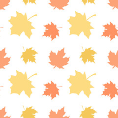Obraz premium Seamless pattern of yellow and orange autumn maple leaves isolated on white background for Halloween or Thanksgiving day.