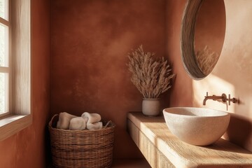 Nature-inspired bathroom with earthy terracotta walls, wooden countertops, a stone vessel sink, woven baskets for storage, and dried flowers.