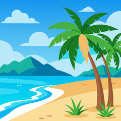 Obraz premium Tropical beach vacation illustration with palm trees and ocean view