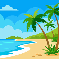 Obraz premium Tropical beach vacation illustration with palm trees and ocean view