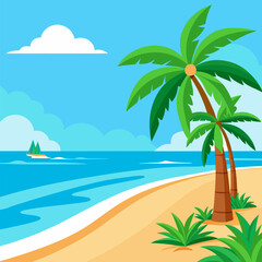 Obraz premium Tropical beach vacation illustration with palm trees and ocean view