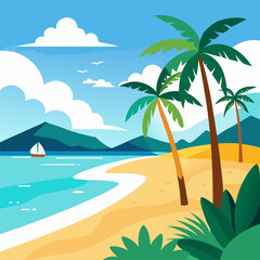 Obraz premium Tropical beach vacation illustration with palm trees and ocean view