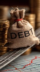 tightrope walker balancing heavy bag labeled debt over financial chart symbolizing risky debt handling side copy space