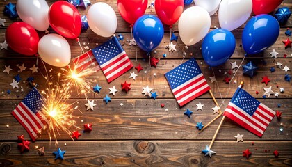 Patriotic celebration decorations, including balloons, flags, and sparklers, on a wooden surface.