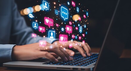 Social media engagement and interaction concept with people icons and floating notifications