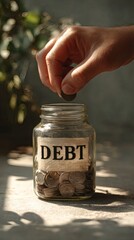 hand placing coins into jar while shadow on wall forms the word debt hinting smart financial habits side copy space
