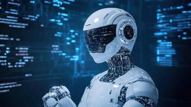 A humanoid robot in a futuristic setting with a digital interface and glowing blue lights.