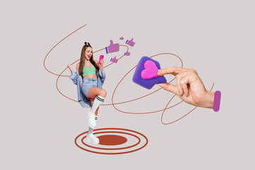 Creative full art collage of happy girl stand heart icon text box notification hand social media...