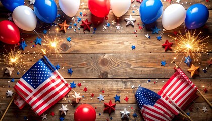 Patriotic arrangement with American flags, balloons, sparklers, and star confetti on a wooden surface.