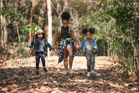 Happy school kids take part in a summer field trip, enjoying forest adventures and learning together in nature with friends .