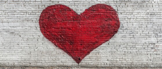 The heart mural on a textured white brick wall in an urban setting.