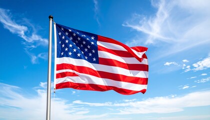 Fototapeta premium American flag waving proudly in the wind against a bright blue sky with scattered clouds.