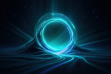 Fototapeta premium Futuristic glowing ring, neon blue light, digital landscape, abstract mountain, night sky, cosmic energy, sci fi atmosphere