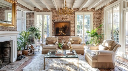 New Orleans-style sunroom with brick walls, white ceiling beams, vintage gold chandelier, fur rug, cream armchairs, wood-burning fireplace, and natural light