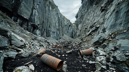 Obraz premium Abandoned Quarry with Rocky Terrain and Rusted Pipes in Landscape