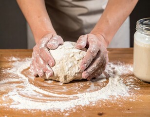 Baker Kneading Dough on Wooden Board with Flour and Sourdough Starter