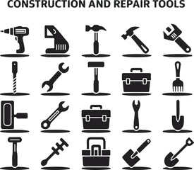 Obraz premium Black and White Construction and Repair Tool Icons Set Drill Hammer Wrench Spatula Shovel Toolbox Collection