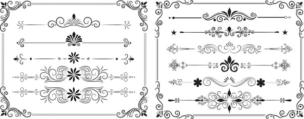 Vintage Decorative Divider and Border Ornament Set Hand Drawn Floral and Swirl Elements on White Background Decorative line borders, elegant design elements 