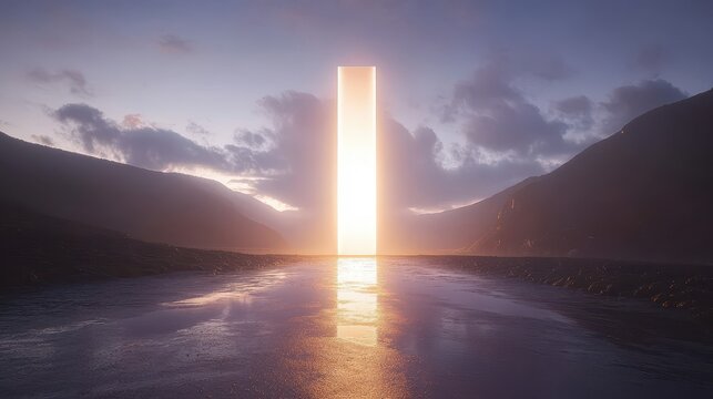 "Mysterious Portal Glowing at Dusk in Mountain Landscape Setting"