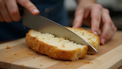 Hands slicing fresh loaf of bread on wooden cutting board in kitchen setting.