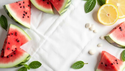 Fresh watermelon slices, lemon halves and mint leaves arranged on white background.