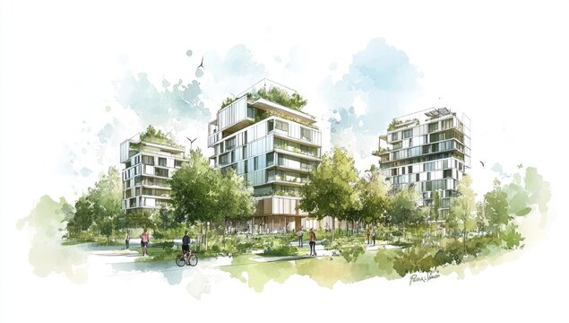 Watercolor architectural rendering of modern apartment buildings