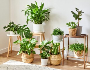 Indoor plants - potted houseplants on stands against white wall