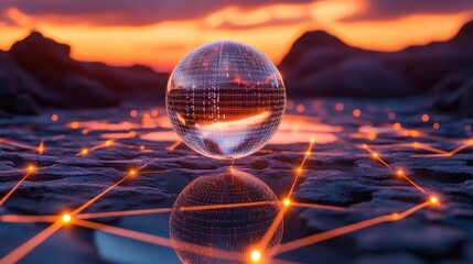 Reflective Sphere on Digital Network at Dusk with Sunset Background