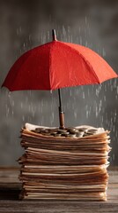 umbrella shielding stack of coins from raining invoices surreal visual of financial preparedness side copy space