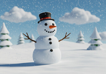 Obraz premium A friendly snowman with a hat and scarf stands in a snowy landscape, with falling snow and snow-covered pine trees