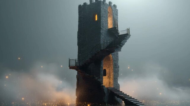 Fantasy Tower with Floating Spiral Stairs
